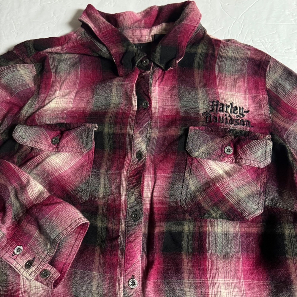 Harley-Davidson Womens Pink Plaid Flannel Shirt Lace Back Graphic Size 1W